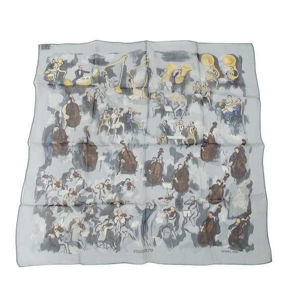 Hermes Hermès women's scarf, Carré 40, CONCERTO, made of sheer, gray silk. Pe... - Picture 1 of 9